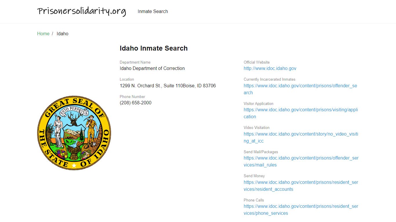 Idaho Inmate Search – Idaho Department of Correction ...